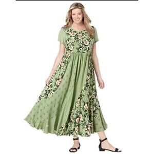 Woman Within Green Mix Print Floral Rayon Maxi Dress w/Pockets Plus Size 26W
